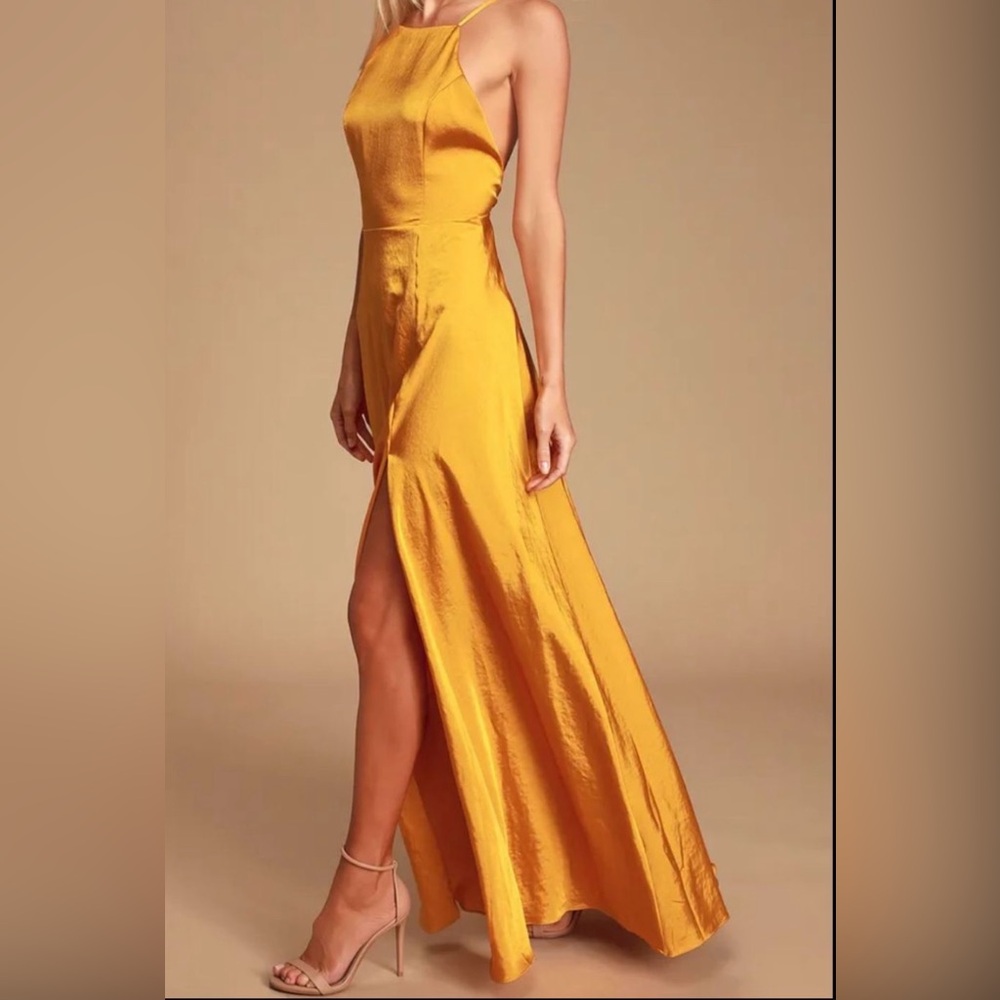 Lulu’s Total Beauty Golden Yellow Satin Backless Maxi Dress